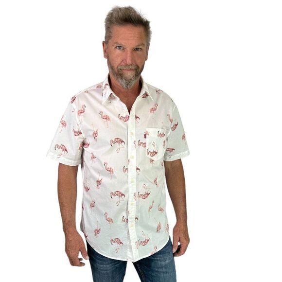 Levi's Retro 70s Short Sleeve Flamingo Print Shirt 100% Cotton Size Large - Picture 1 of 13